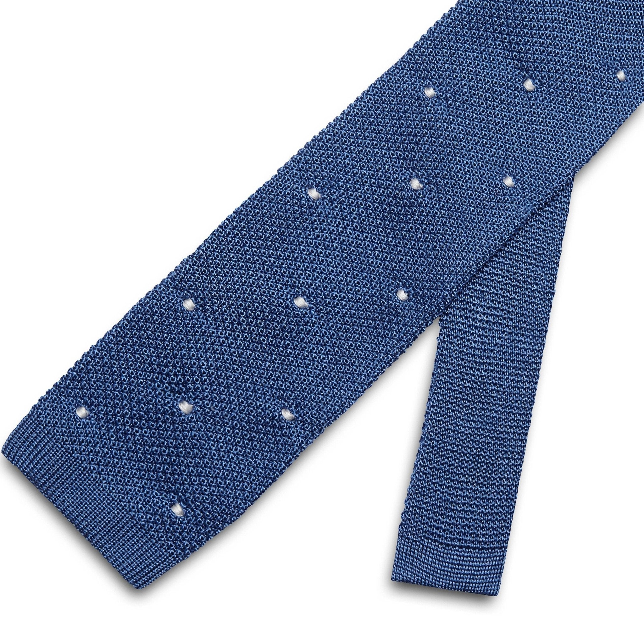 Blue Knitted Silk Tie with White Spots - Hilditch & Key