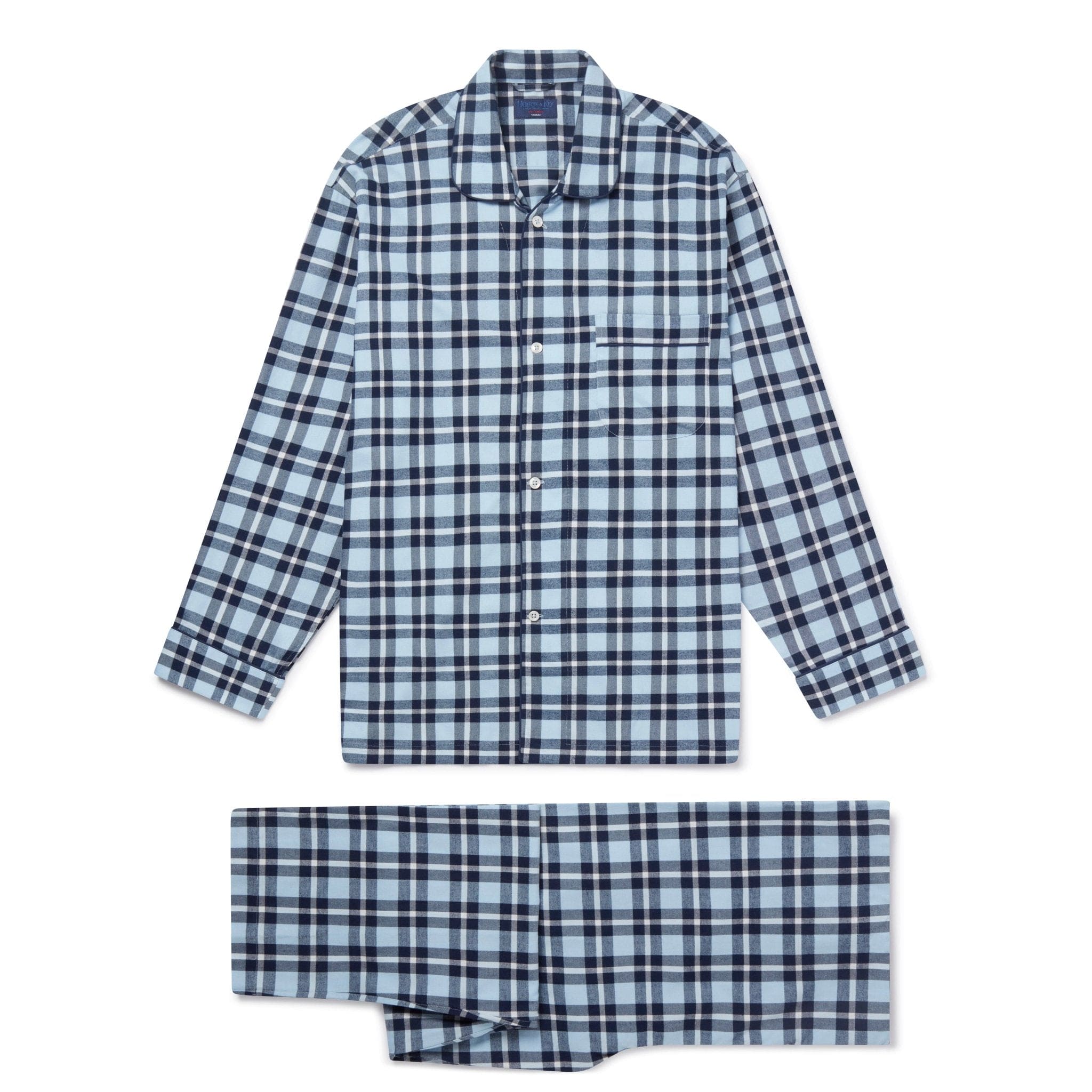 Blue & Navy Check Brushed Cotton Pyjamas With Navy Piping