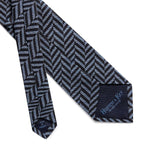 Blue & White Stripe Woven Silk Tie With Navy Chervons