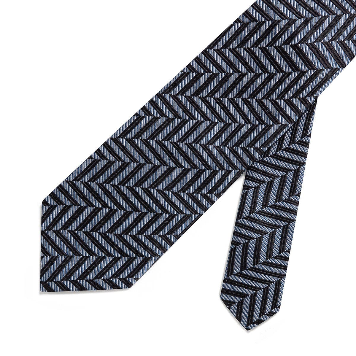 Blue & White Stripe Woven Silk Tie With Navy Chervons
