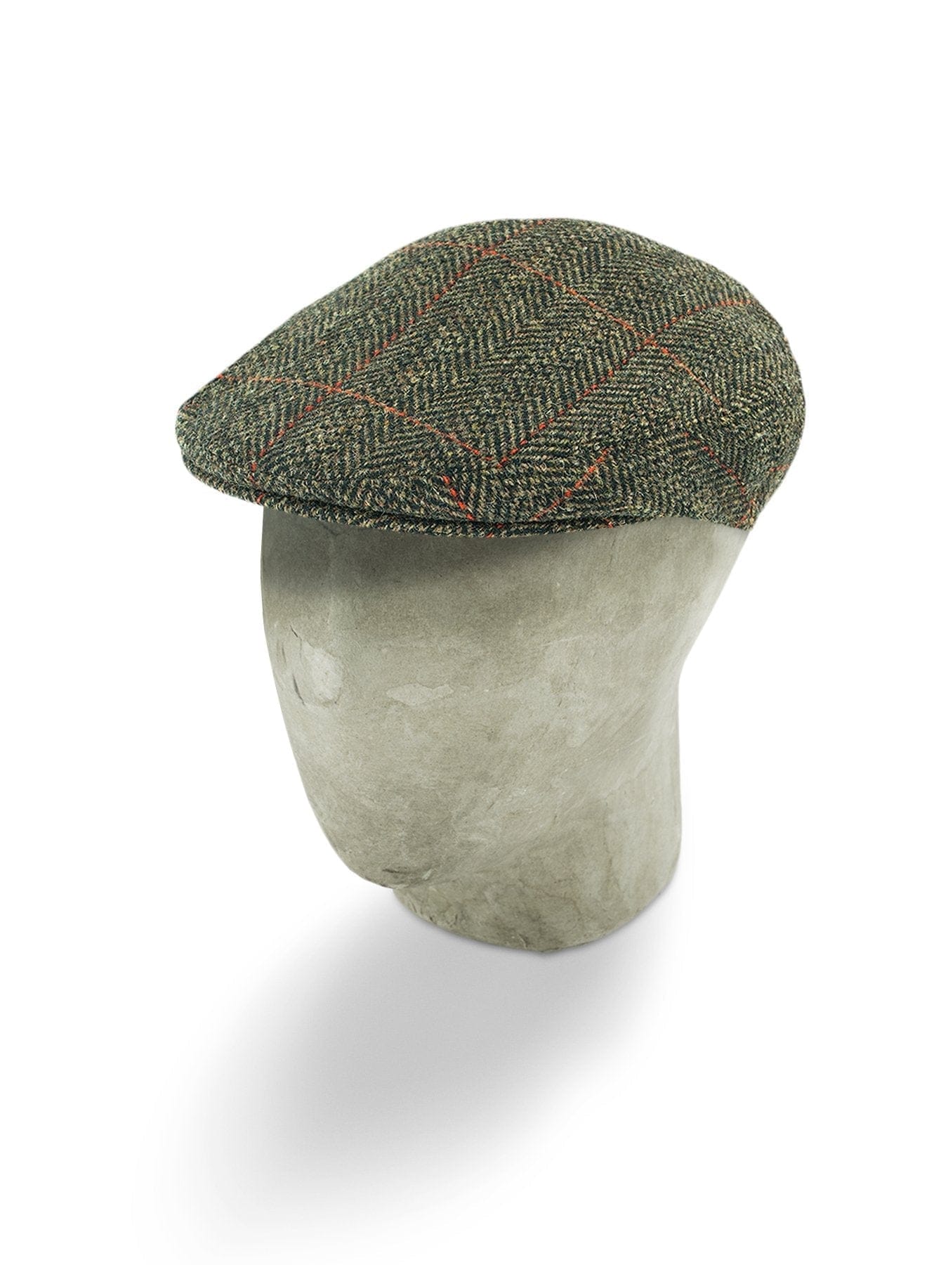 Brown Herringbone with Orange & Red Overcheck Wool Flat Cap