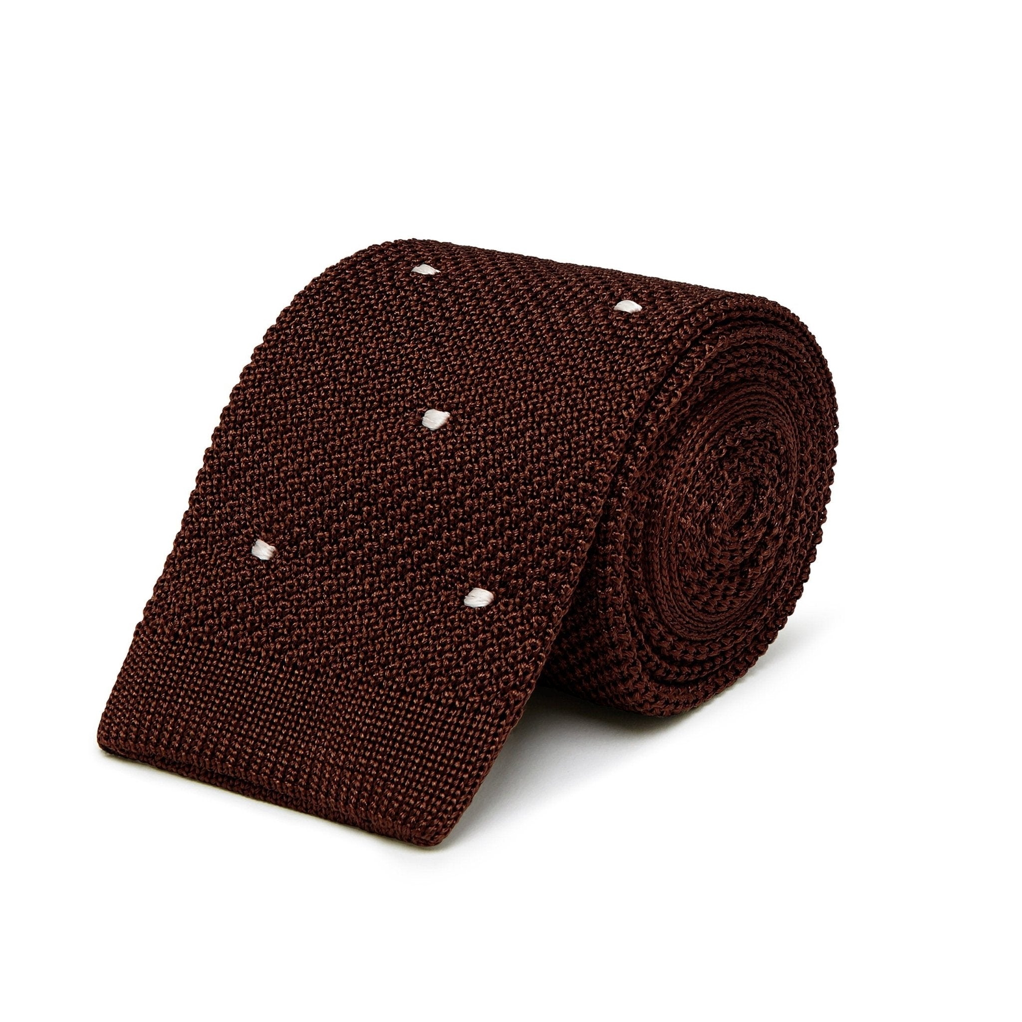 Brown Knitted Silk Tie with White Spots