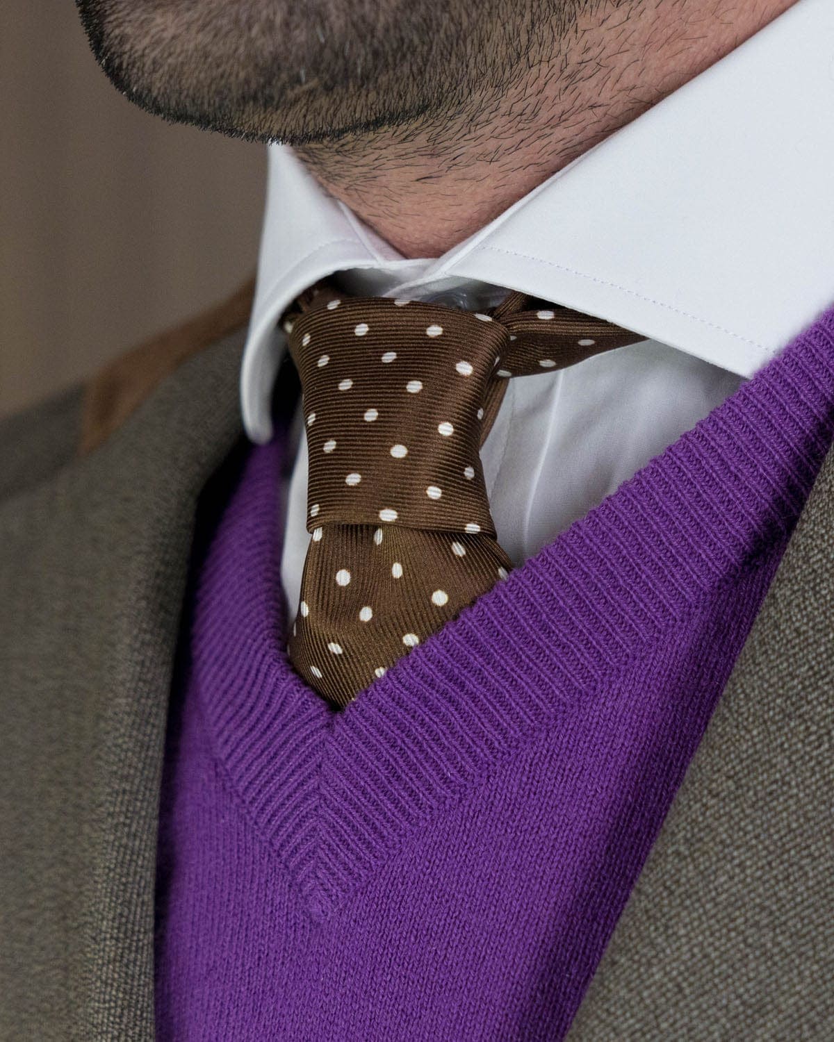 Brown Printed Silk Tie with White Medium Spots