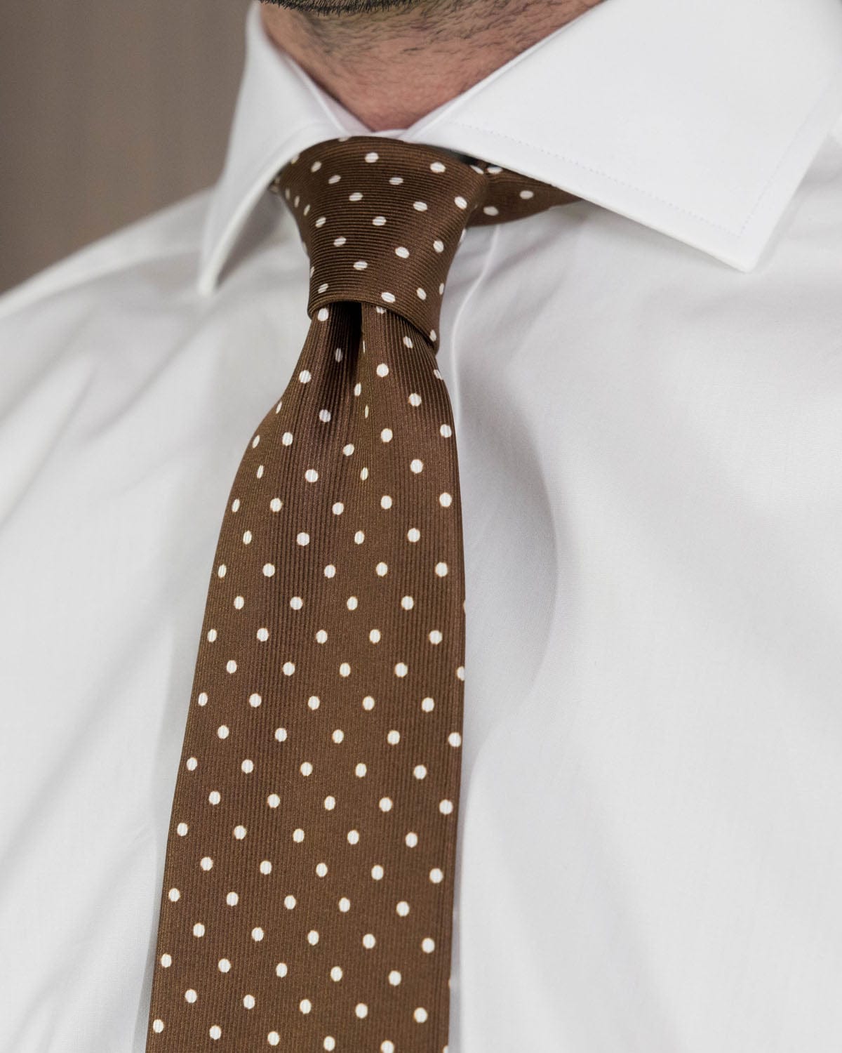 Brown Printed Silk Tie with White Medium Spots