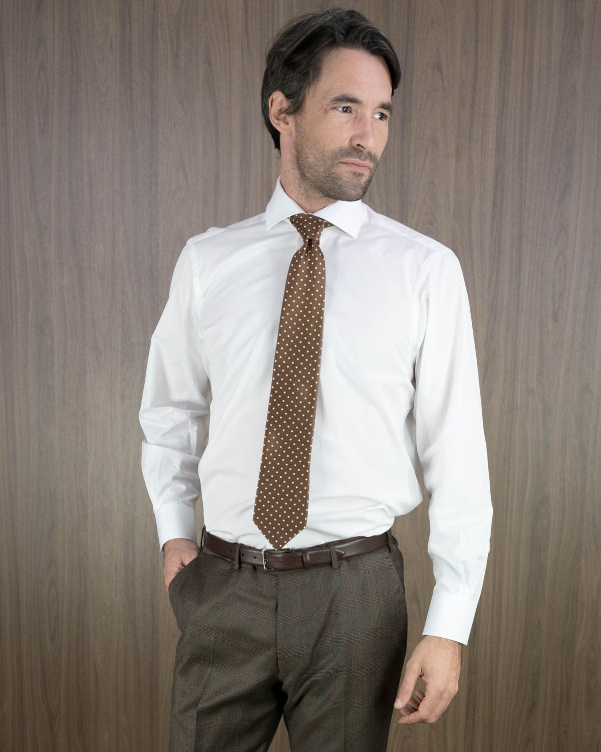 Brown Printed Silk Tie with White Medium Spots