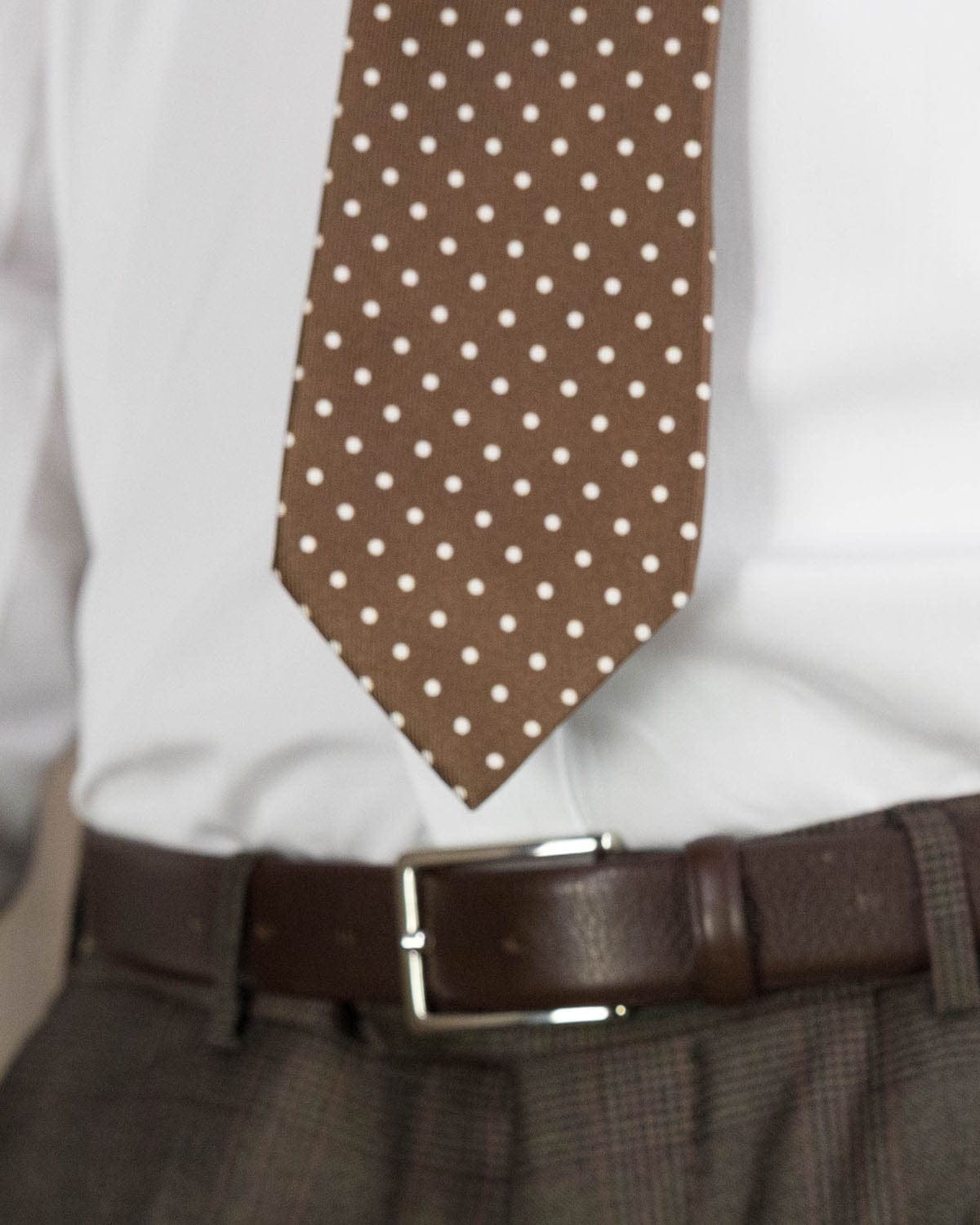 Brown Printed Silk Tie with White Medium Spots