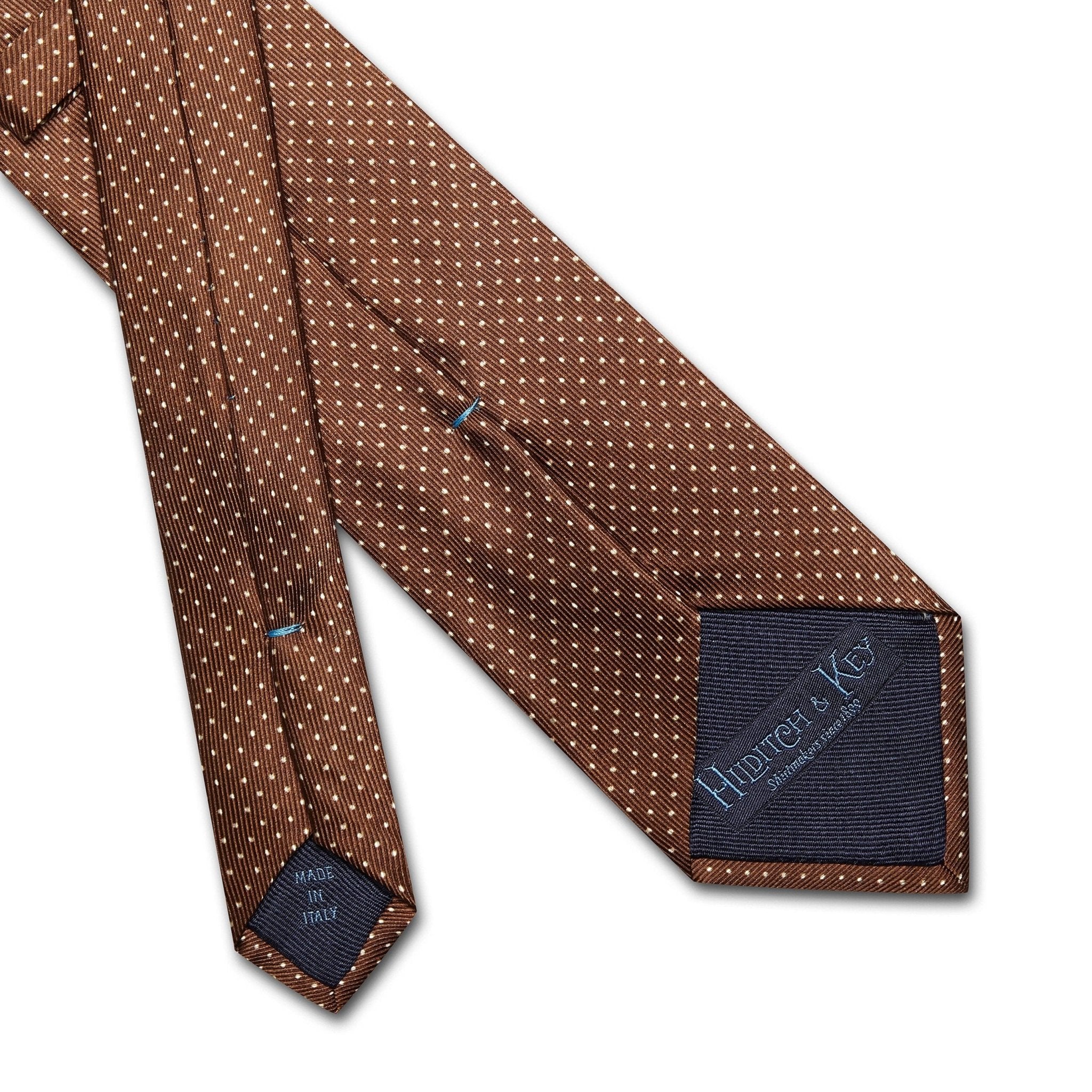 Brown Printed Silk Tie with White Pin Spots