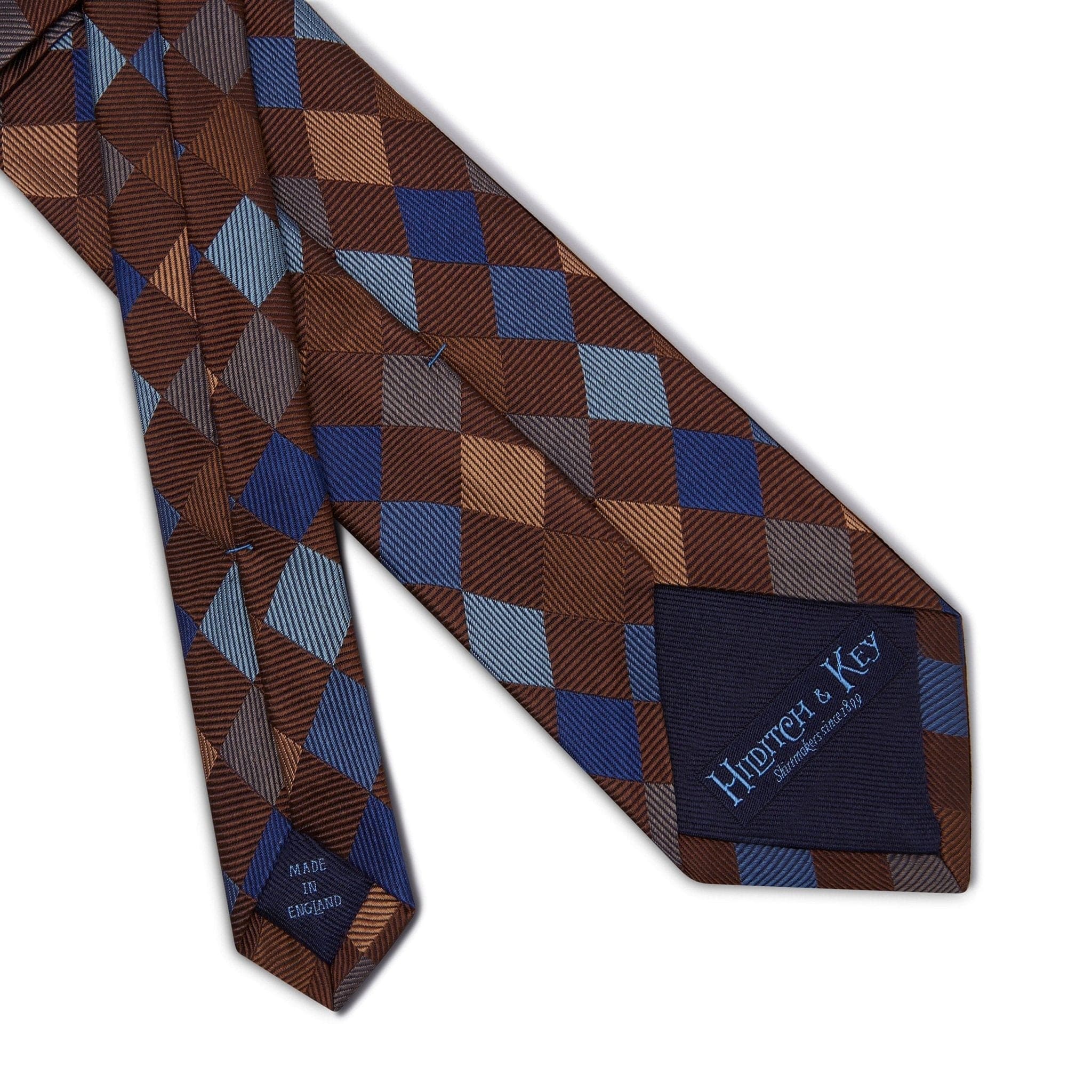 Brown Woven Silk Tie with Blue Large Check