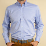 Classic Fit, Button Down Collar, 2 Button Cuff Shirt in a Plain Mid Blue Oxford Cotton