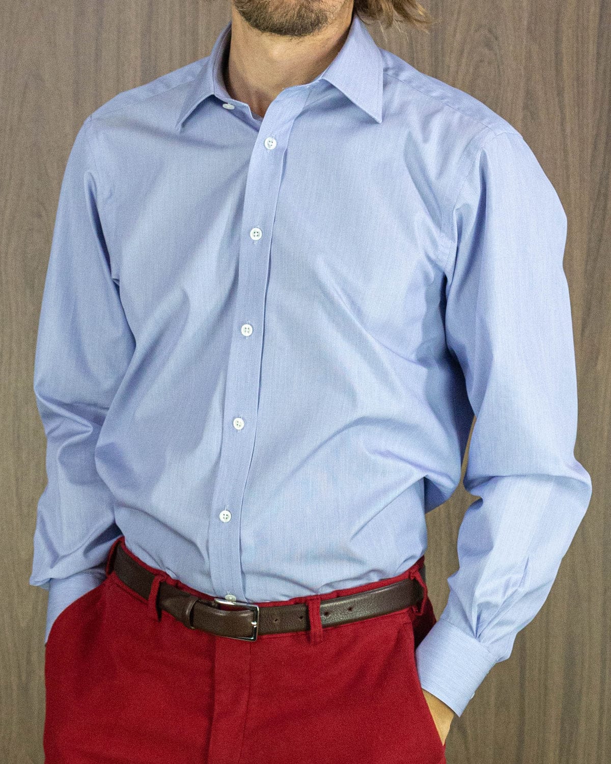 Classic Fit, Classic Collar, 2 Button Cuff Shirt in a Blue & White Hairline Poplin Cotton - Hilditch & Key
