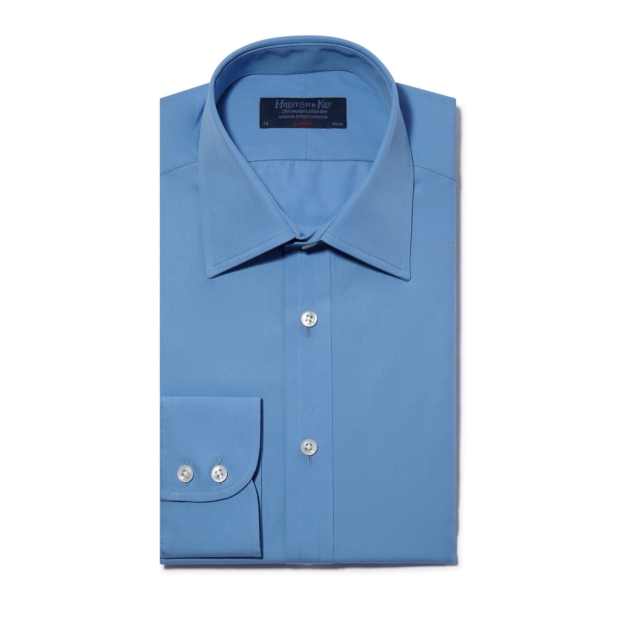 Classic Fit, Classic Collar, 2 Button Cuff Shirt in a Plain Blue Poplin Cotton - Hilditch & Key