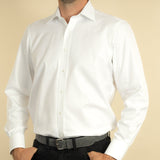 Classic Fit, Classic Collar, 2 Button Cuff Shirt in a Plain White Herringbone Cotton