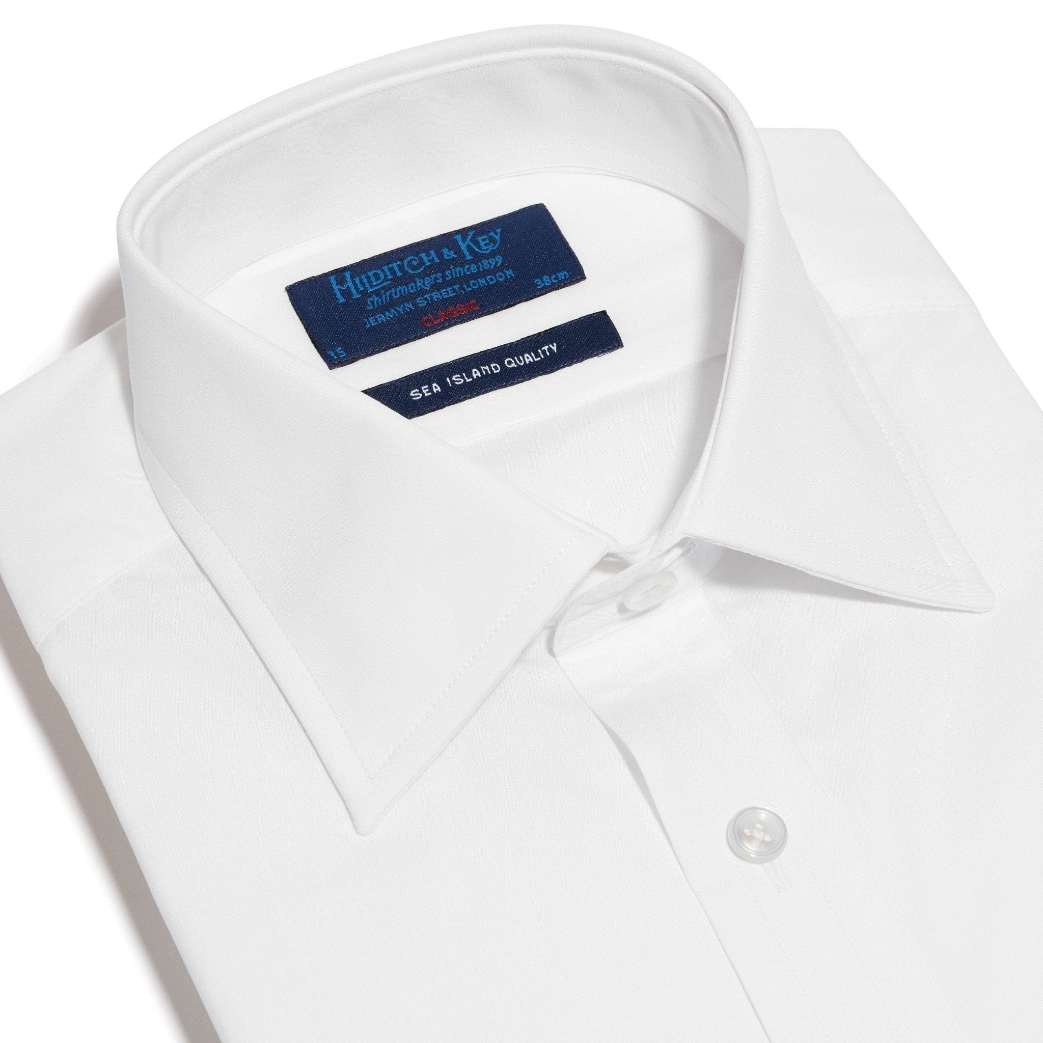 Classic Fit, Classic Collar, 2 Button Cuff Shirt in a Plain White Sea Island Quality Poplin Cotton - Hilditch & Key