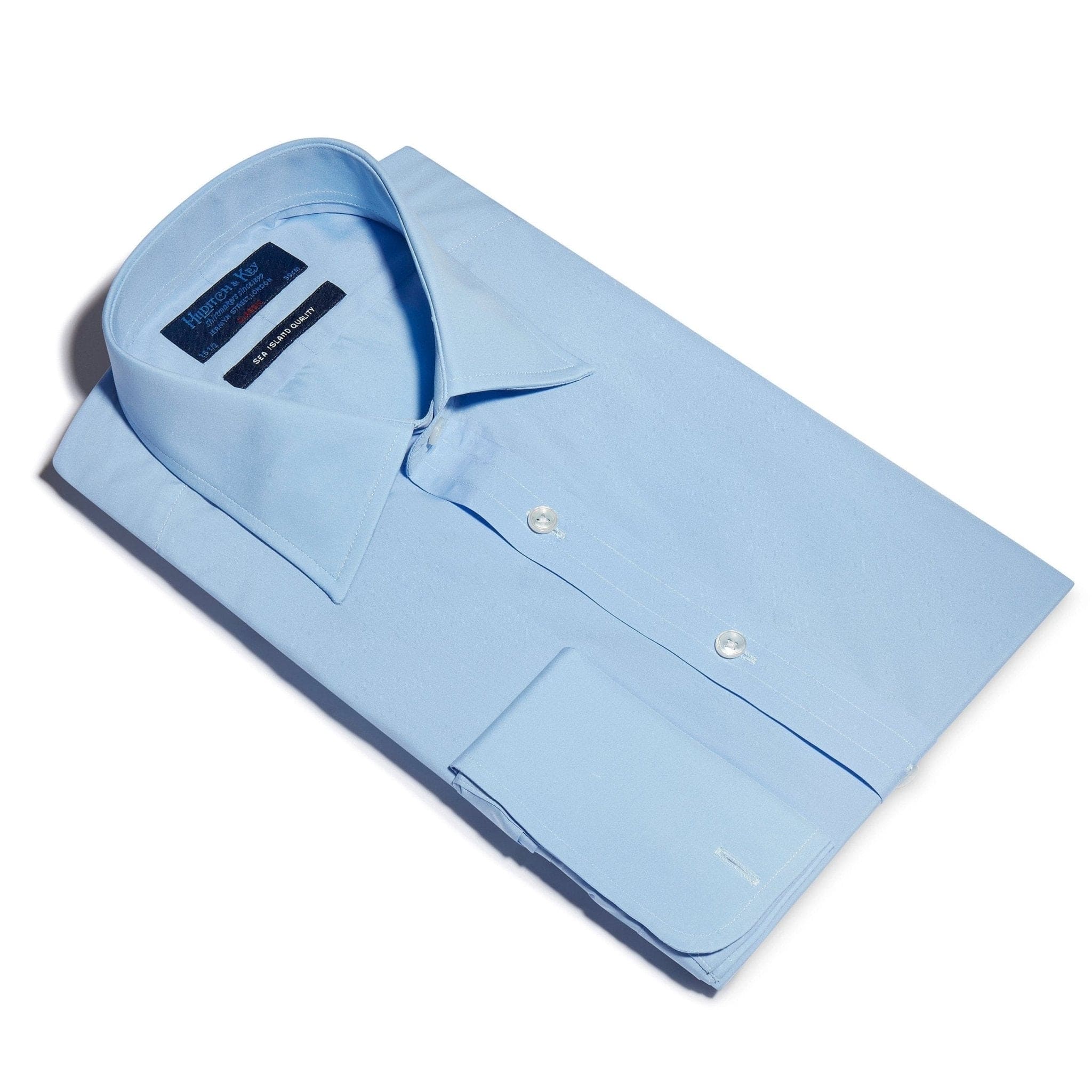Classic Fit, Classic Collar, Double Cuff Shirt in a Plain Blue Sea Island Quality Poplin Cotton - Hilditch & Key