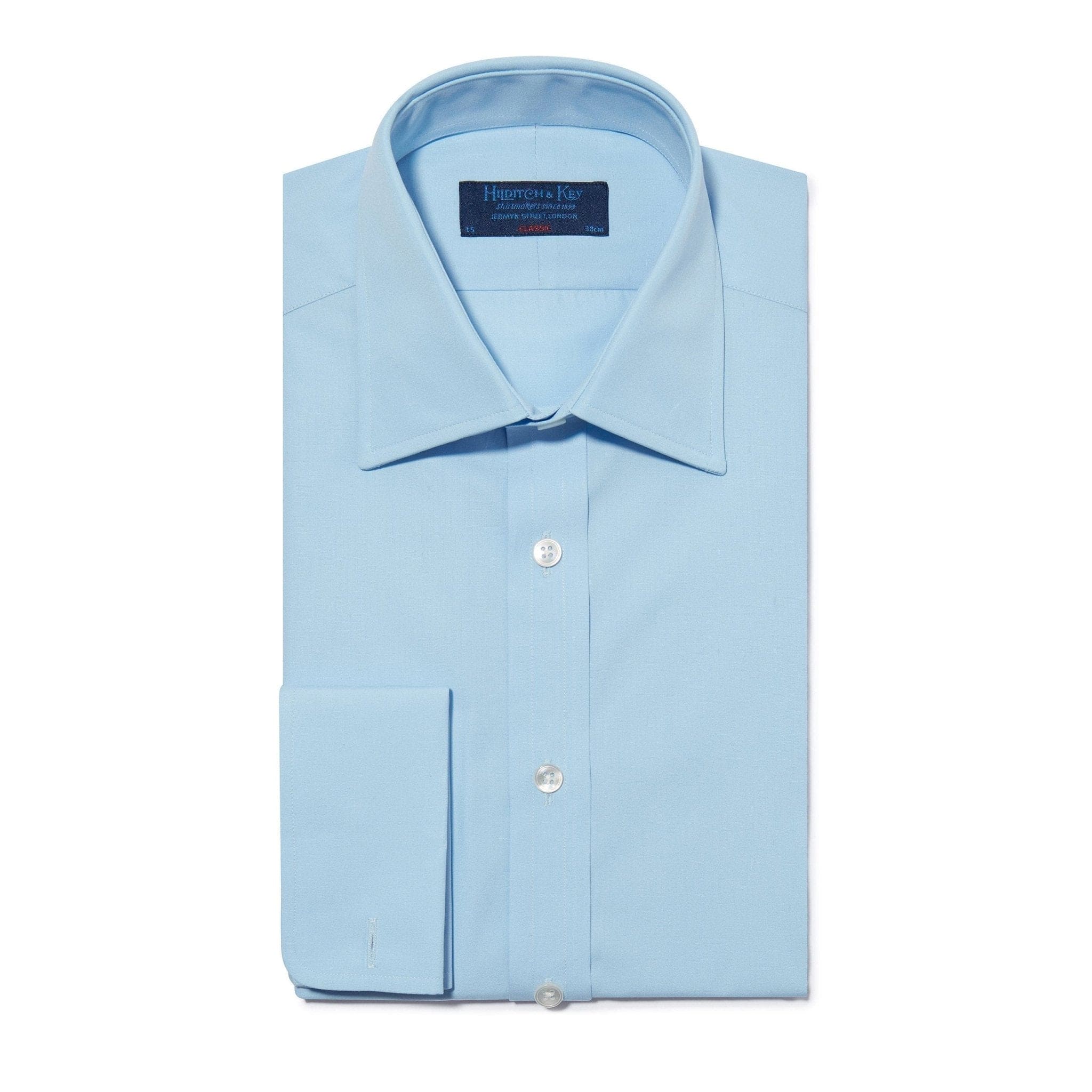 Classic Fit, Classic Collar, Double Cuff Shirt in a Plain Ice Blue Poplin Cotton - Hilditch & Key