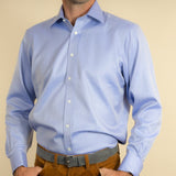 Classic Fit, Classic Collar, Double Cuff Shirt in a Plain Mid Blue Herringbone Cotton