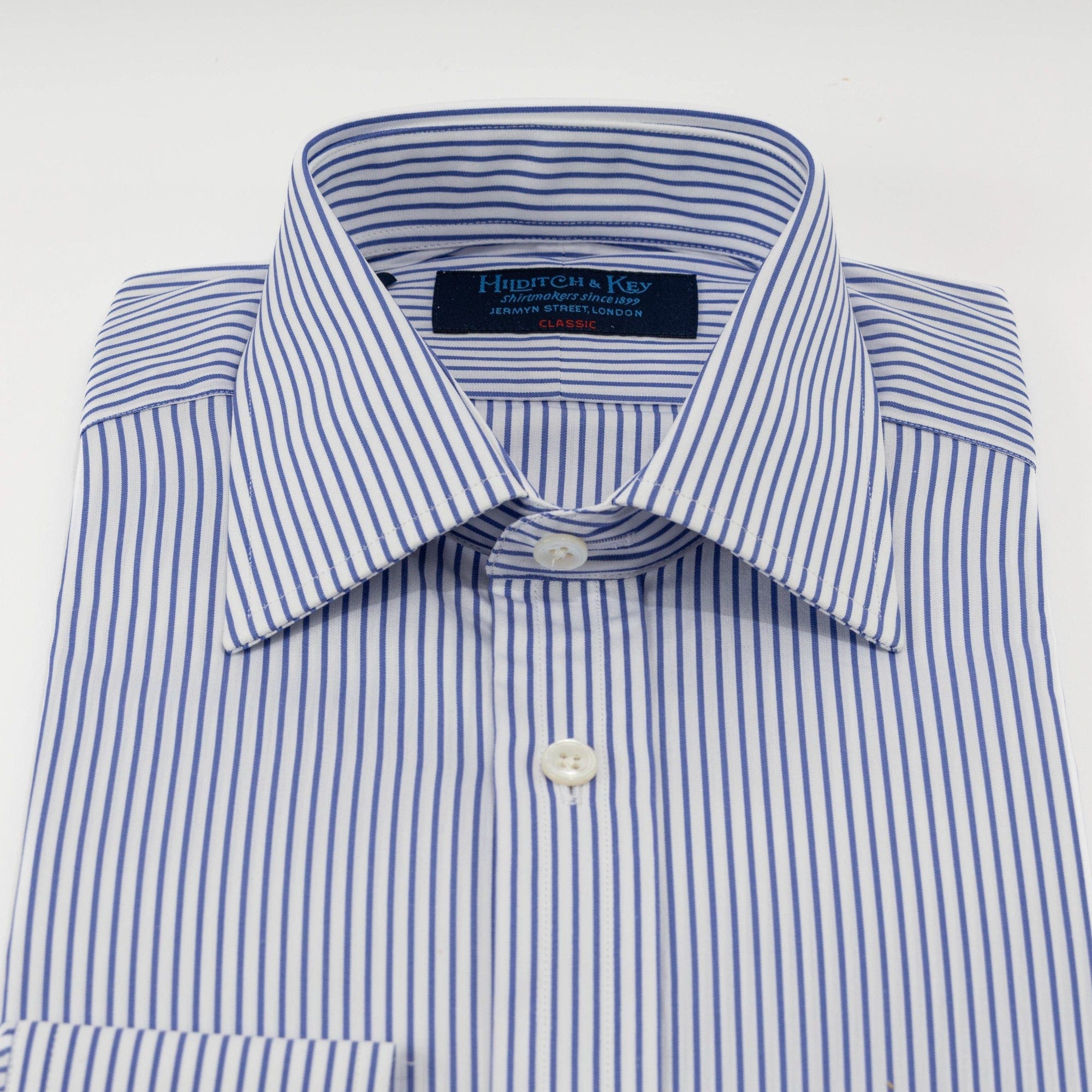 Classic Fit, Classic Collar, Two Button Cuff Shirt in Blue Standard Stripe