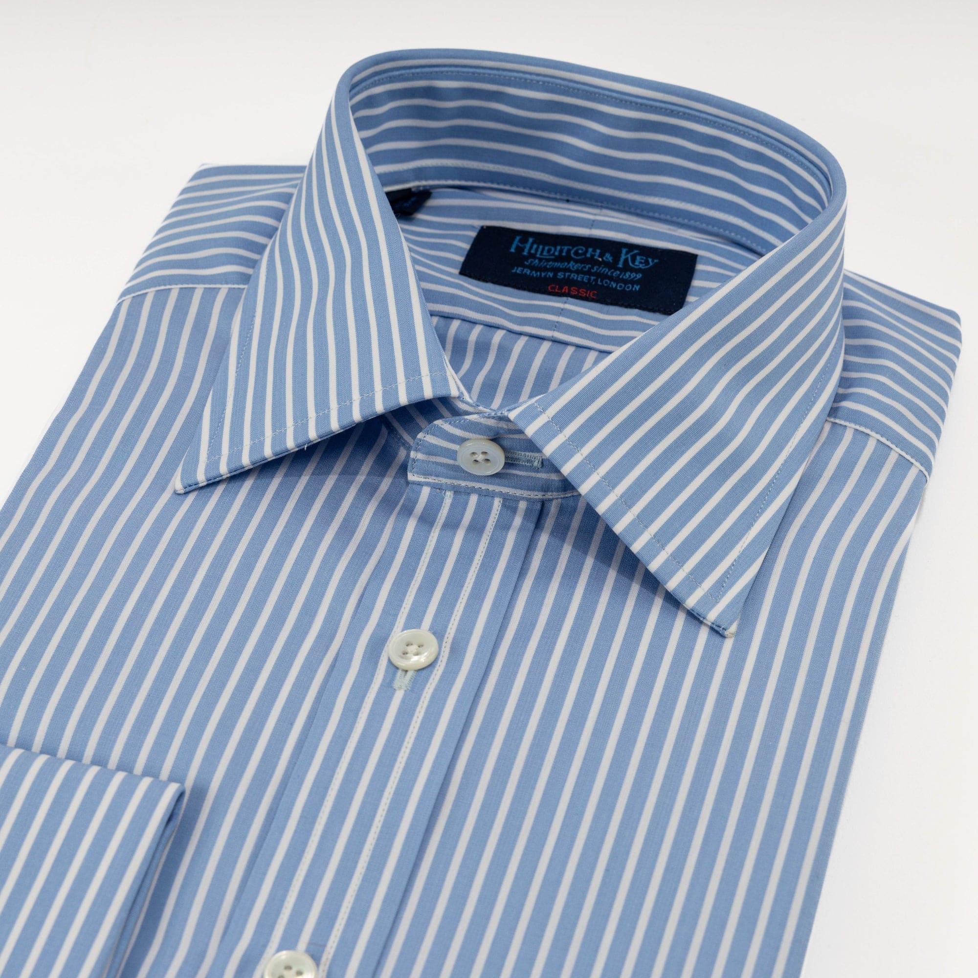 Classic Fit, Classic Collar, Two Button Cuff Shirt in Blue Stripe