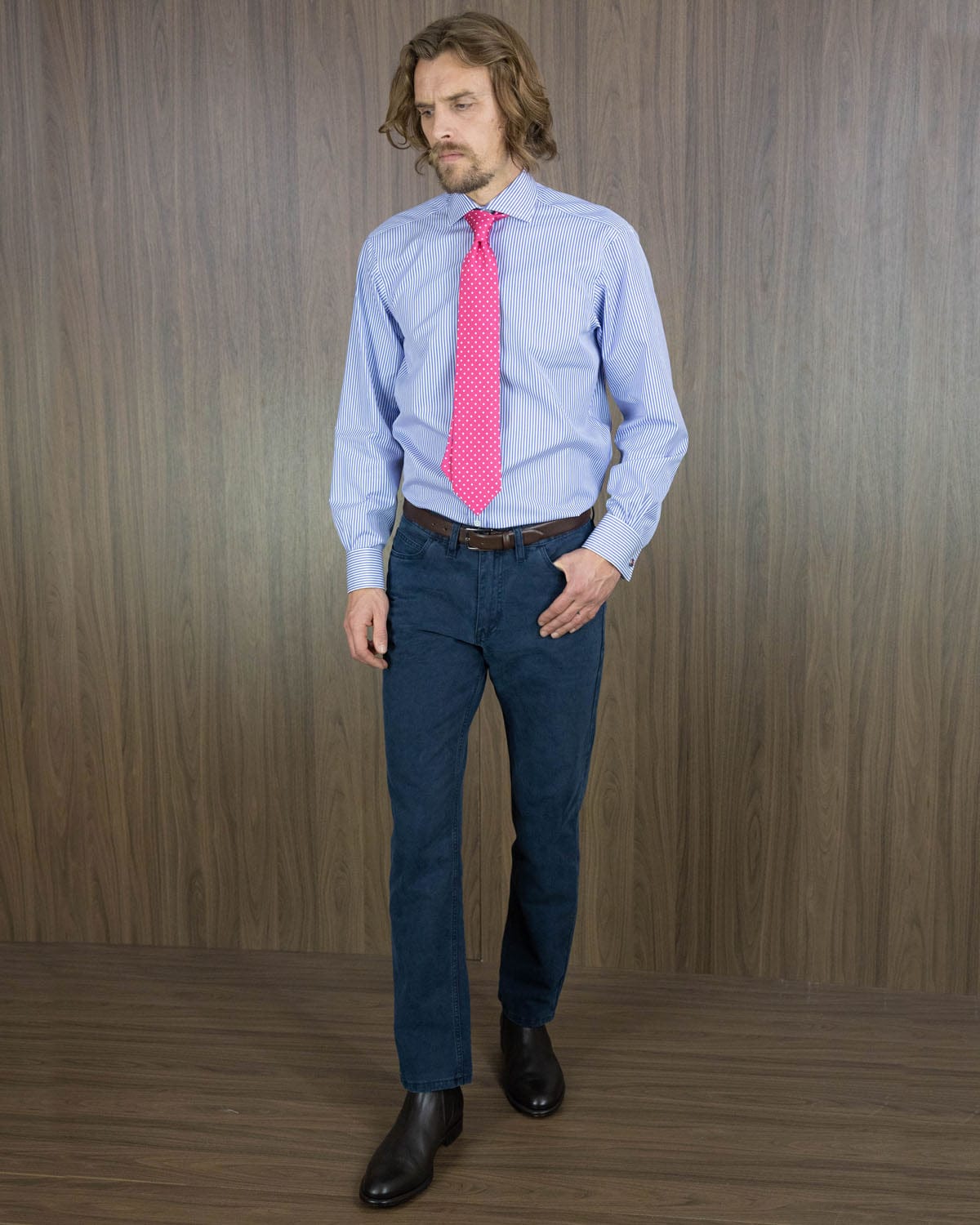 Classic Fit, Cut-away Collar, Double Cuff Shirt in a Blue & White Medium Bengal Poplin Cotton - Hilditch & Key