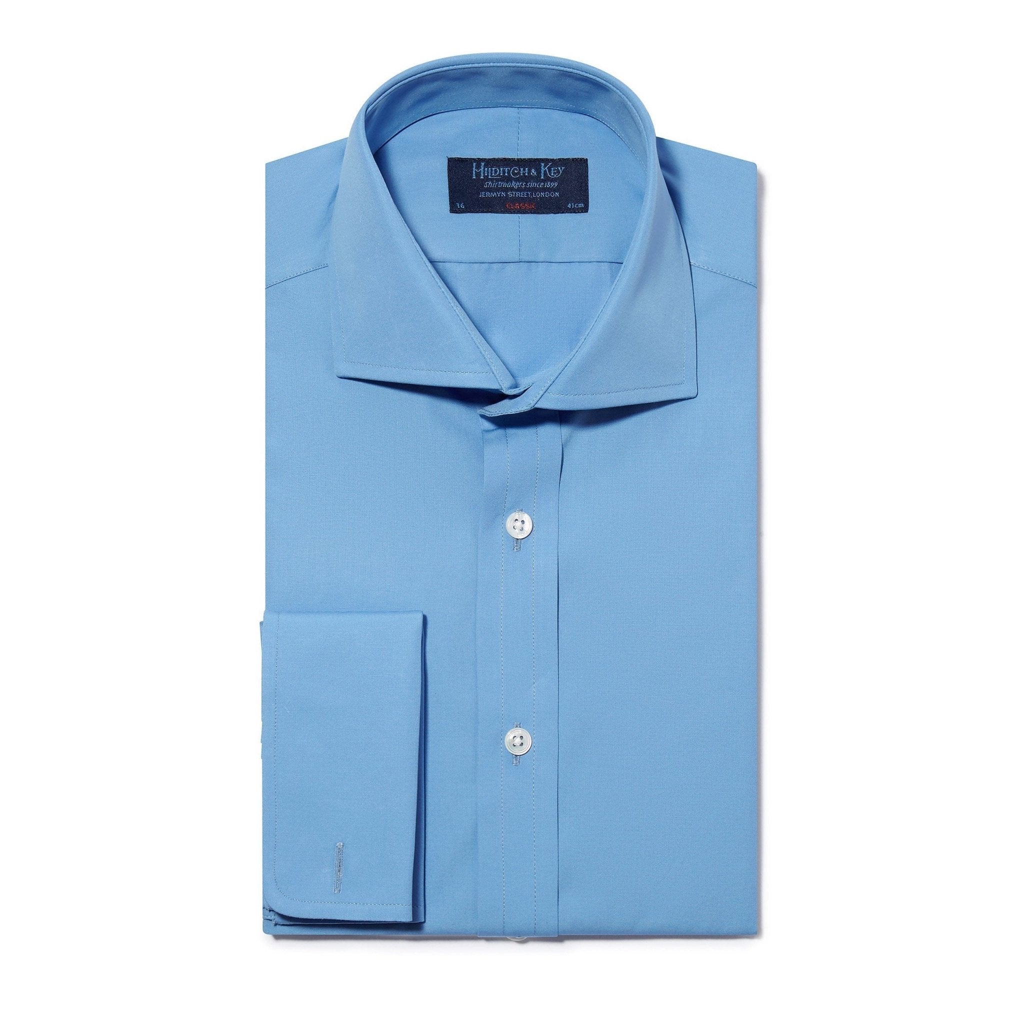 Classic Fit, Cut-away Collar, Double Cuff Shirt in a Plain Blue Poplin Cotton - Hilditch & Key