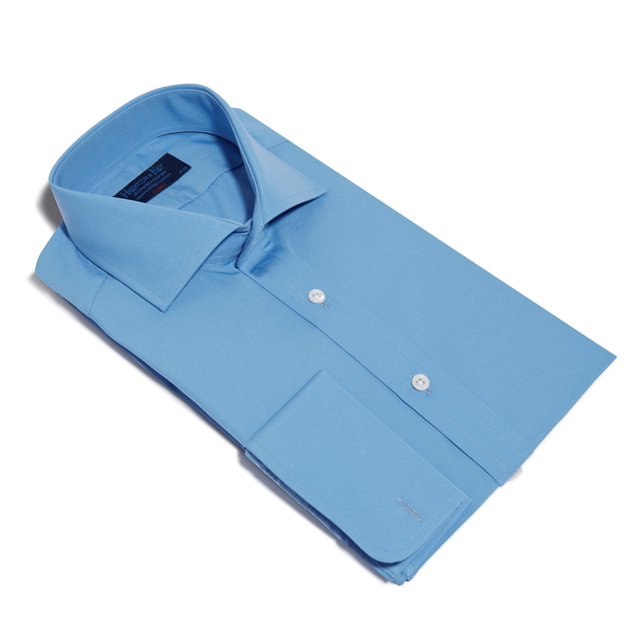 Classic Fit, Cut-away Collar, Double Cuff Shirt in a Plain Blue Poplin Cotton - Hilditch & Key