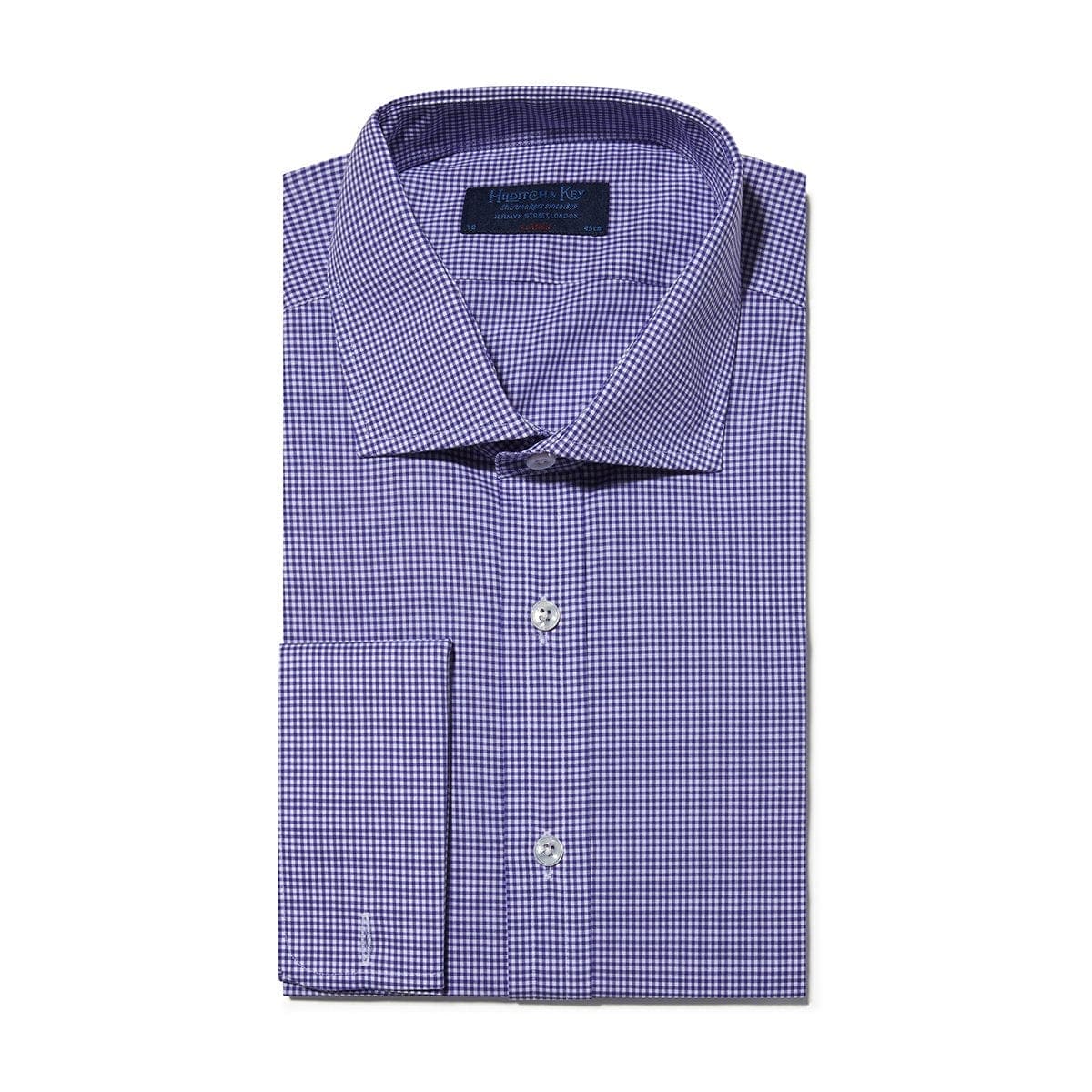 Classic Fit, Cutaway Collar, Double Cuff Shirt In Purple & White Fine Check