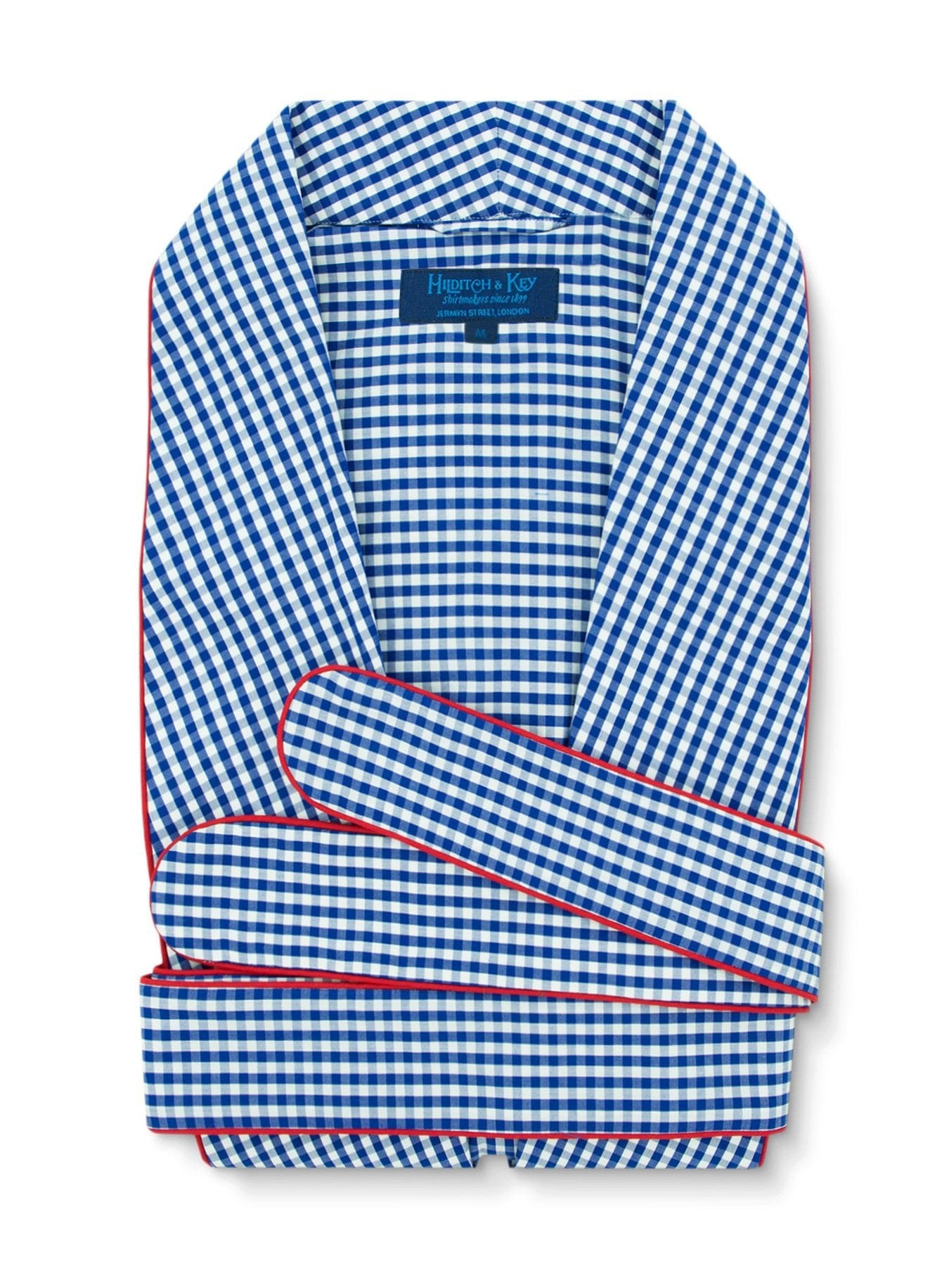 Classic Gown in a Navy & White Gingham Check Poplin Cotton with Red Piping - Hilditch & Key