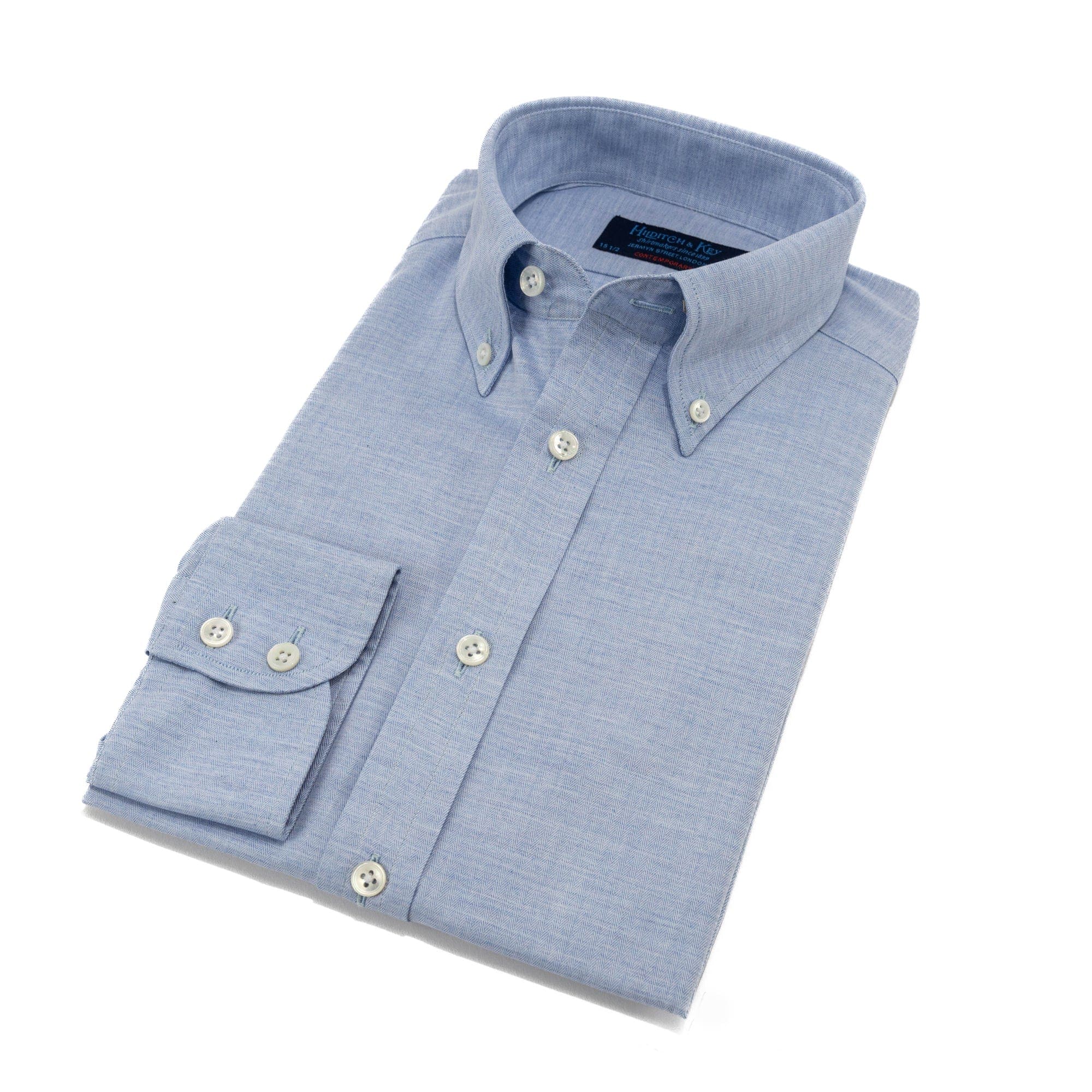 Contemporary Fit, Button Down Collar, 2 Button Cuff Shirt in a Light Blue Fine Herringbone Cotton