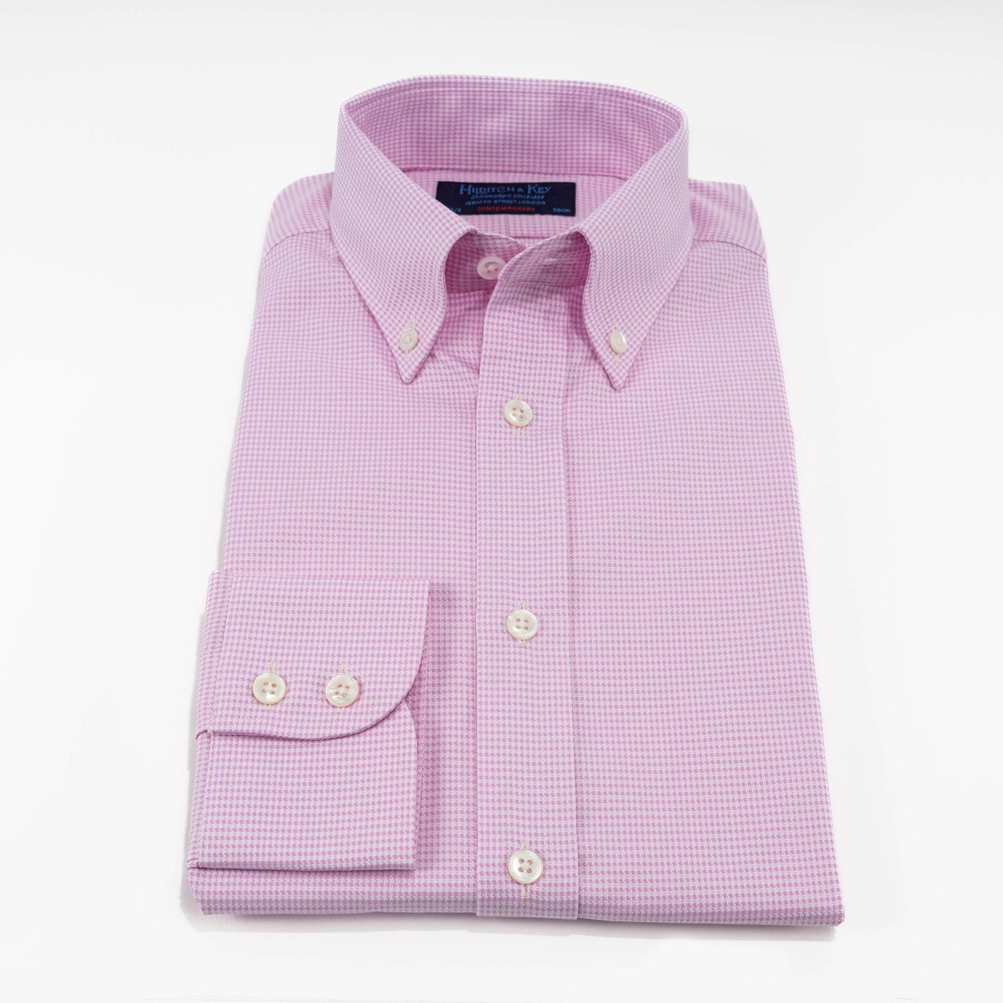 Contemporary Fit, Button Down Collar, 2 Button Cuff Shirt in a Pink & White Micro Houndstooth