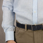 Contemporary Fit, Button Down Collar, 2 Button Cuff Shirt in Plain Blue Houndstooth Linen