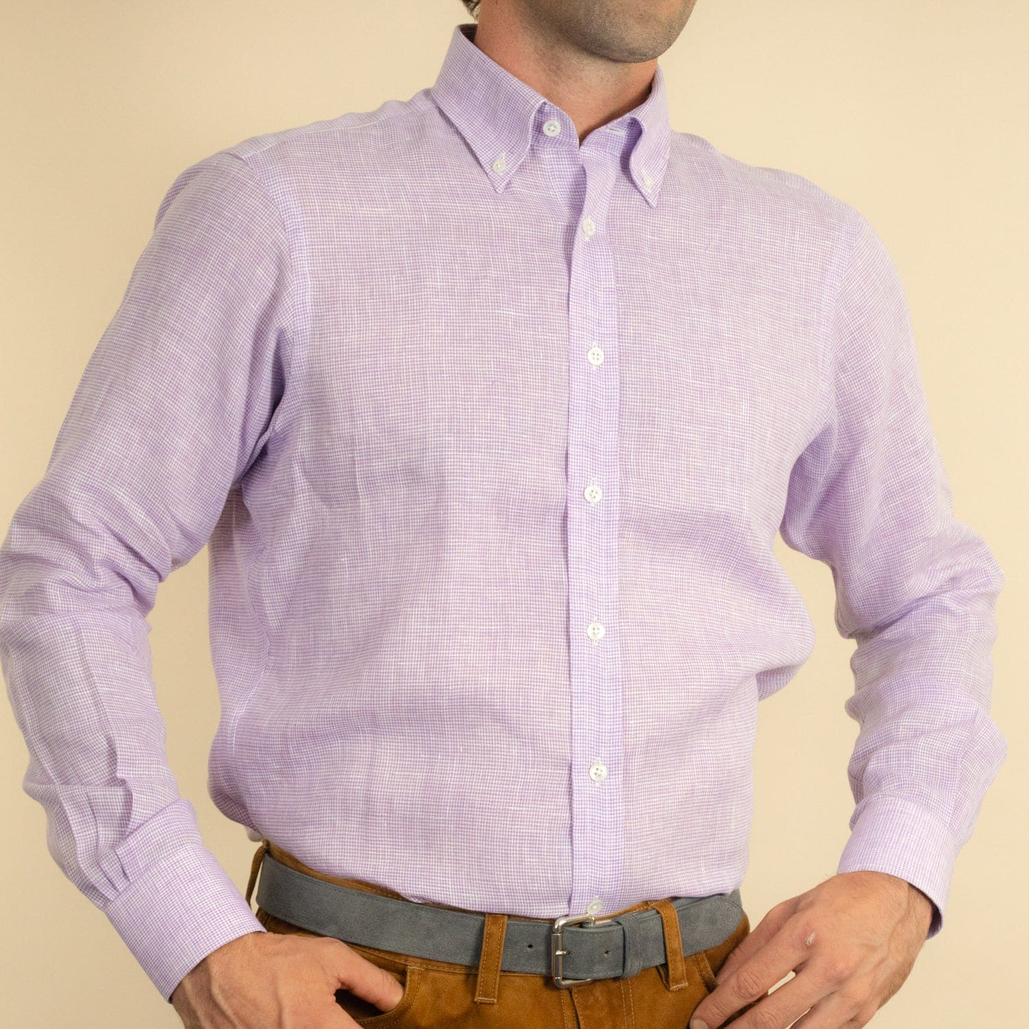 Contemporary Fit, Button Down Collar, 2 Button Cuff Shirt in Plain Lilac Houndstooth Linen