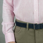 Contemporary Fit, Button Down Collar, 2 Button Cuff Shirt in Plain Pink Linen
