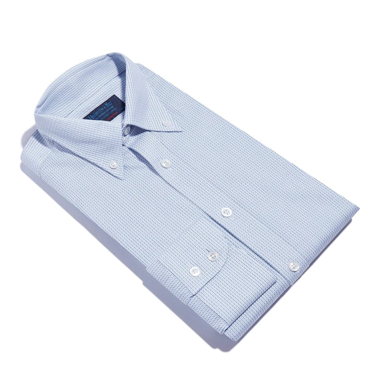 Contemporary Fit, Button Down Collar, 2 Button Cuff Shirt In White & Blue Neat Basket Weave