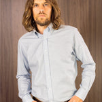 Contemporary Fit, Button Down Collar, 2 Button Cuff Shirt In White With Blue & Grey Micro Houndstooth