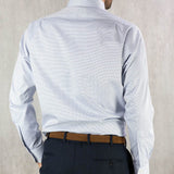 Contemporary Fit, Button Down Collar, 2 Button Cuff Shirt In White With Blue Micro Cubes