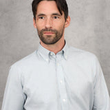 Contemporary Fit, Button Down Collar, 2 Button Cuff Shirt In White With Grey & Blue Overcheck