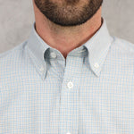 Contemporary Fit, Button Down Collar, 2 Button Cuff Shirt In White With Grey & Blue Overcheck
