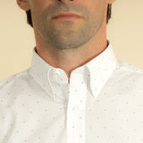 Contemporary Fit Button Down Collar 2 Button Cuff Shirt In White With Small Blue Square