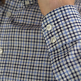Contemporary Fit, Button Down Collar, 2 Button Cuff Shirt White With Blue & Navy Overcheck Poplin