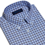 Contemporary Fit, Button Down Collar, Two Button Cuff Shirt In Blue & White With Brown & Navy Overcheck