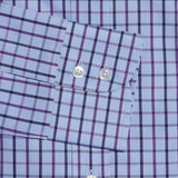 Contemporary Fit, Button Down Collar, Two Button Cuff Shirt In Blue & White With Cerise & Navy Overcheck