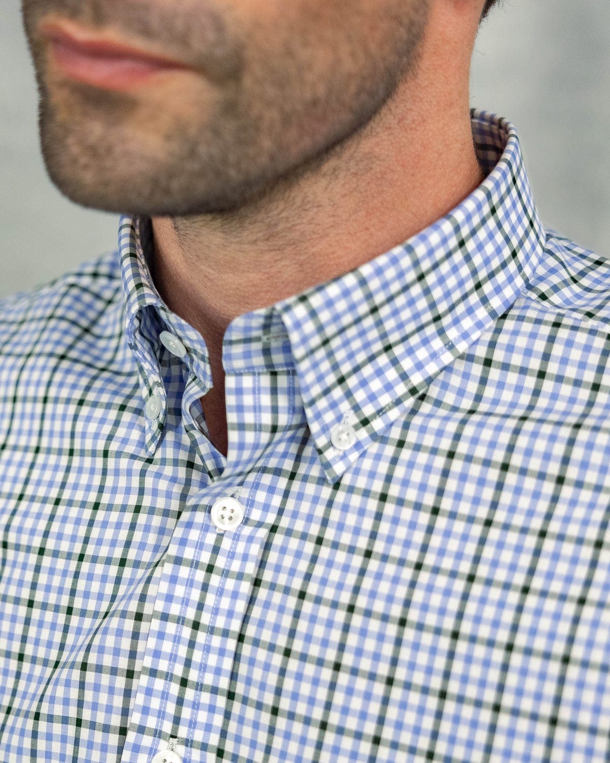 Contemporary Fit, Button Down Collar, Two Button Cuff Shirt In Blue & White With Green Overcheck