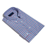 Contemporary Fit, Button Down Collar, Two Button Cuff Shirt In Blue & White With Navy & Red Check