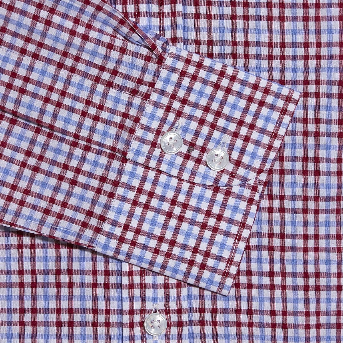 Contemporary Fit, Button Down Collar, Two Button Cuff Shirt In Blue & White With Red Overcheck
