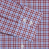 Contemporary Fit, Button Down Collar, Two Button Cuff Shirt In Blue & White With Red Overcheck