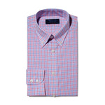 Contemporary Fit, Button Down Collar, Two Button Cuff Shirt In Blue With Pink Overcheck