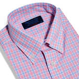 Contemporary Fit, Button Down Collar, Two Button Cuff Shirt In Blue With Pink Overcheck