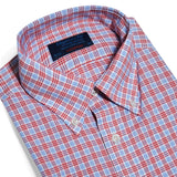 Contemporary Fit, Button Down Collar, Two Button Cuff Shirt In Blue With Red Overcheck