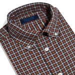 Contemporary Fit, Button Down Collar, Two Button Cuff Shirt In Brown With Orange & White Overcheck