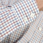 Contemporary Fit, Button Down Collar, Two Button Cuff Shirt In White With Red & Blue Line Overcheck